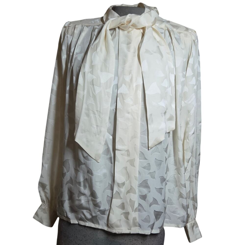 Cream Silk Print Long Sleeve Blouse Size 4